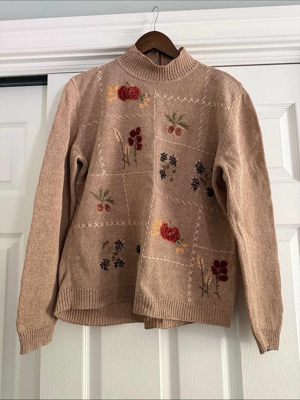 Cozy Embroidered Floral Mock Neck Sweater - Tan